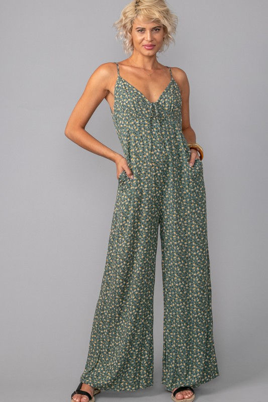 Vintage Tiny Flower Pattern Wide Leg Jumpsuit