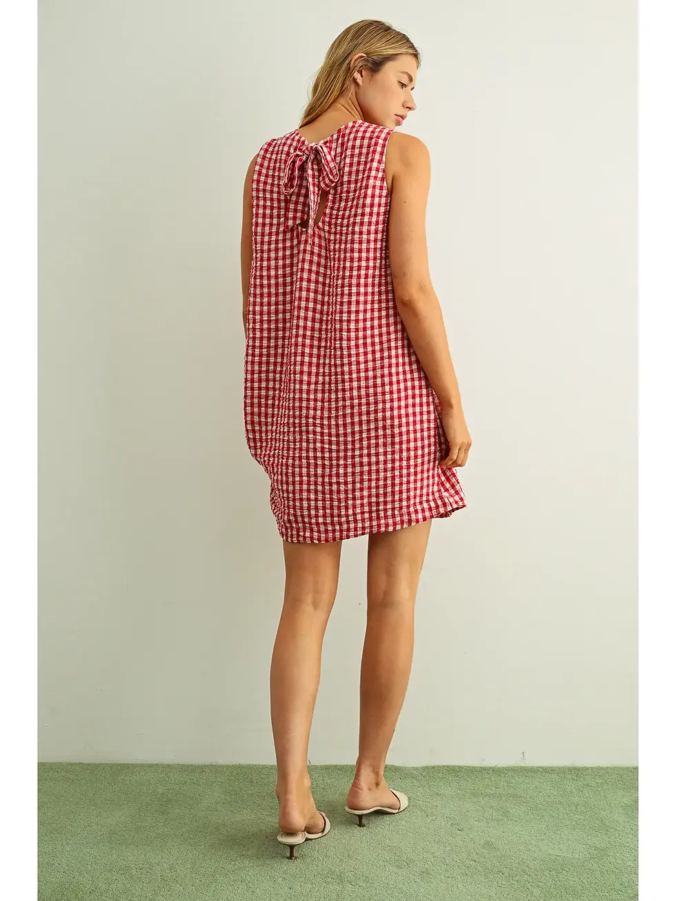 Thumbnail: Gingham Pattern S/L Open Back Detail Dress