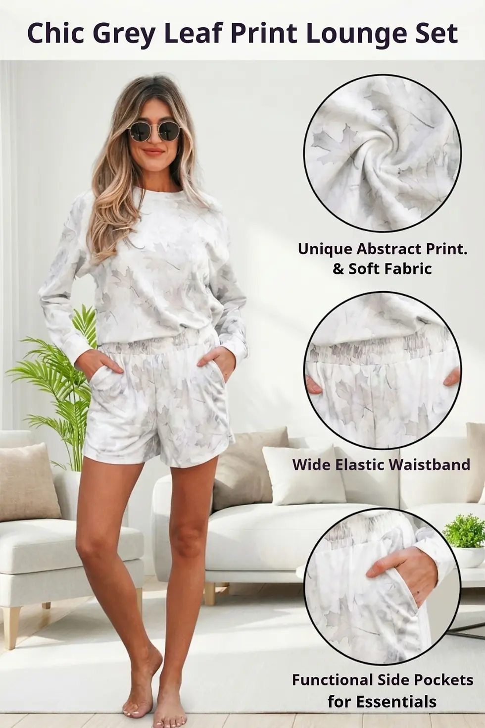 Thumbnail: Maple Camo Pullover Top & Elastic Waist Casual Short Set