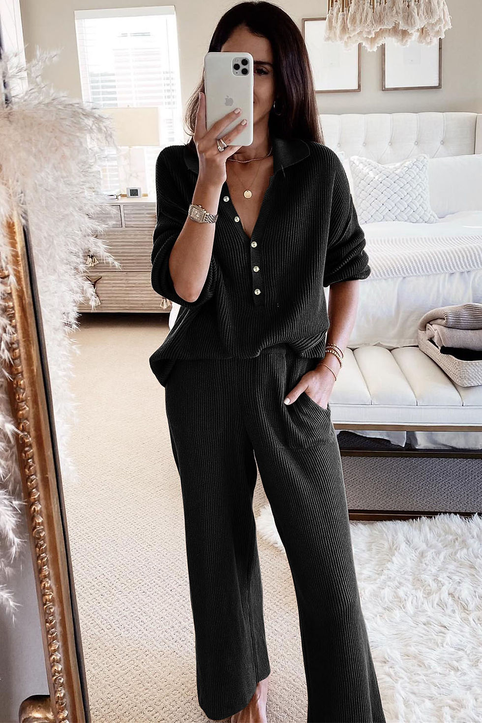 Thumbnail: Ribbed Knit Henley Top & Pants Outfit