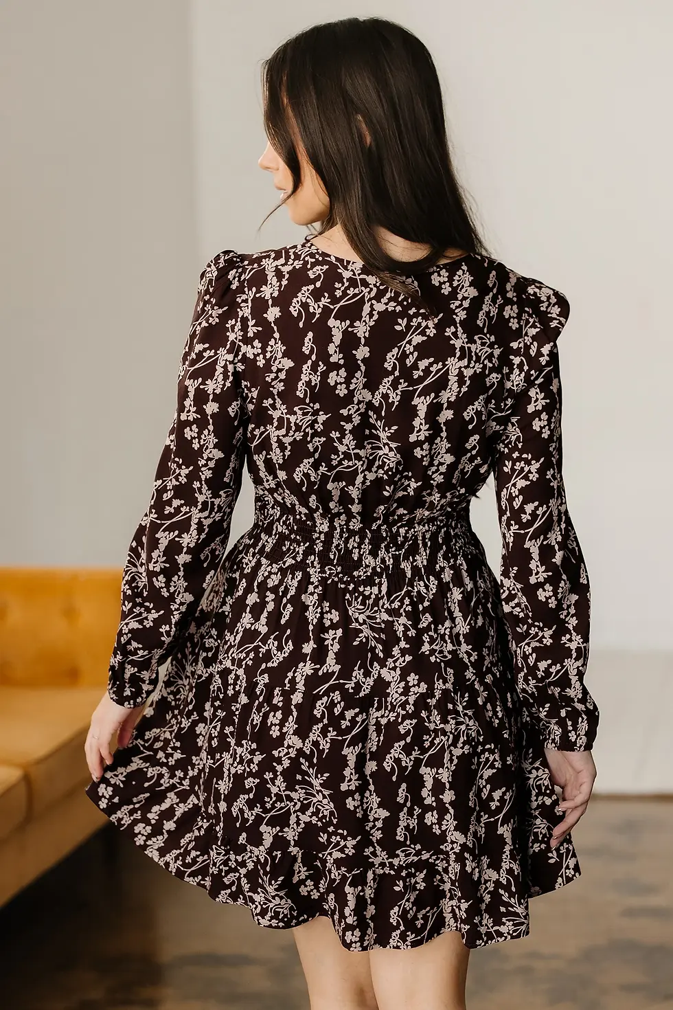 Thumbnail: Ditsy Floral Print Split Neck L/S Shirred Waist Flared Mini Dress