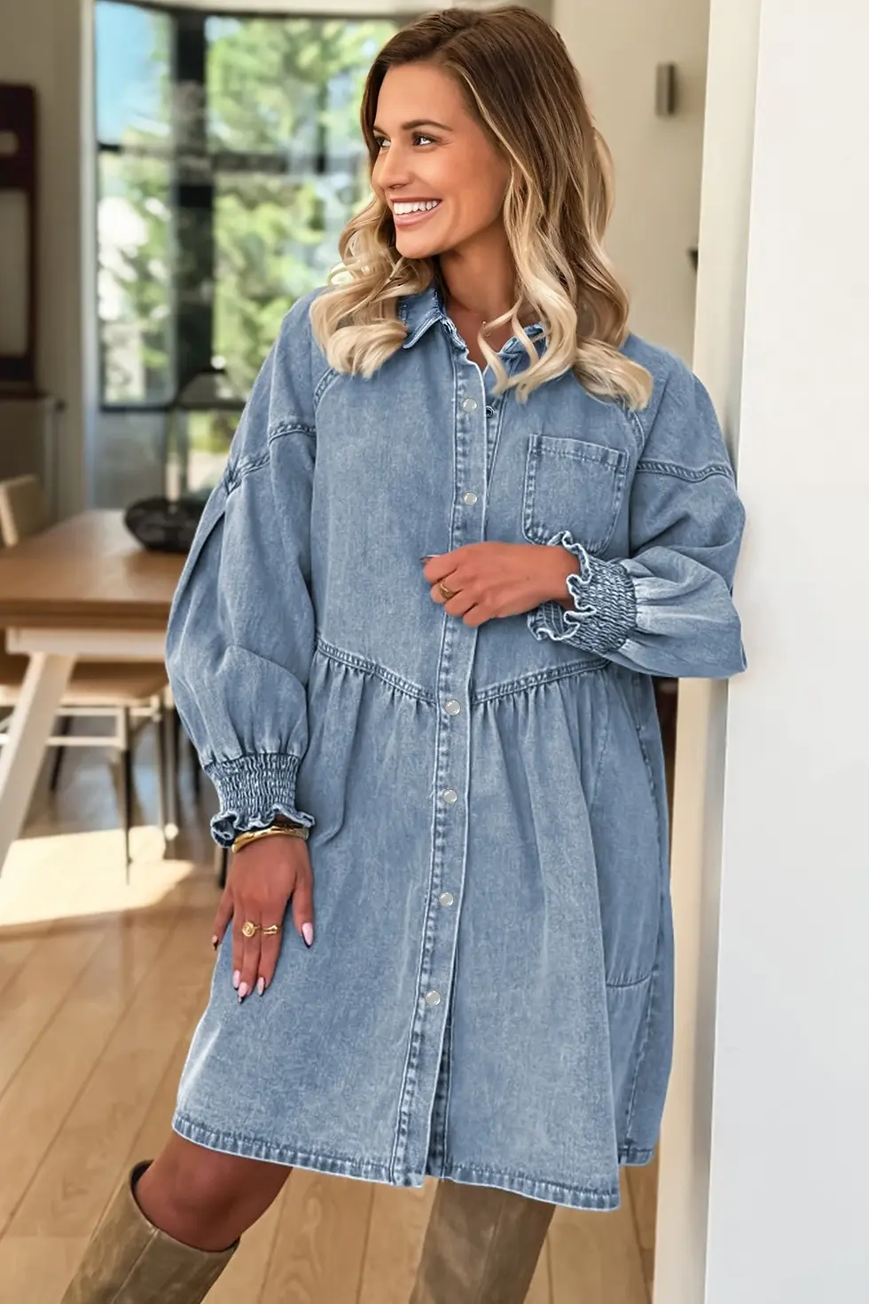 Thumbnail: Smocked Cuffs Flared Denim Shirt Mini Dress