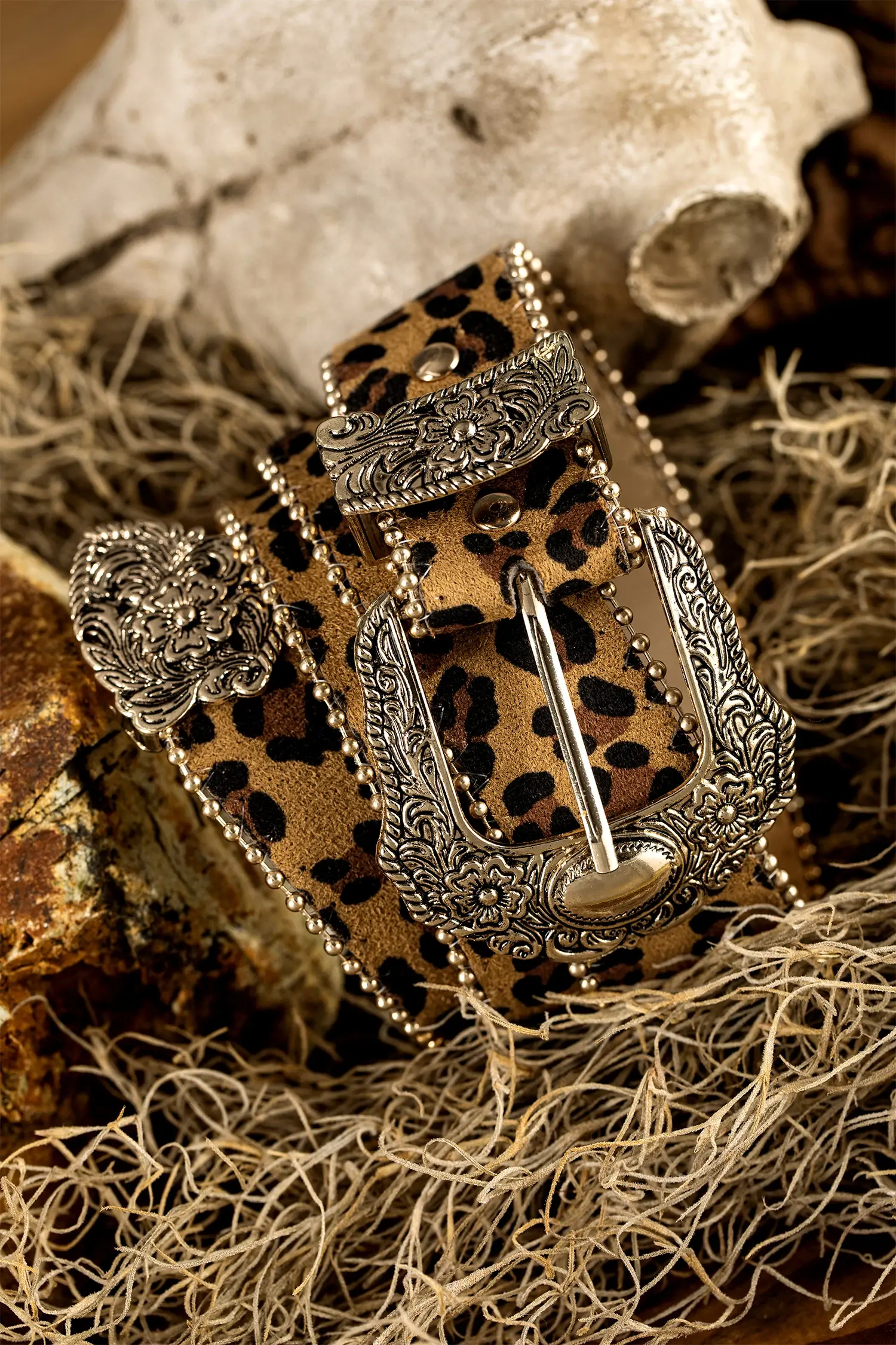 Thai Curry Leopard Beading Trim Retro Embossed Hardware Waist Belt