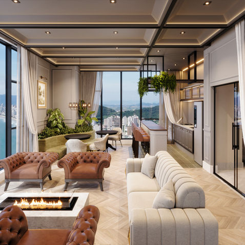 Living integrado de alto padrão do empreendimento Maison Ladurée da Construtora Dallo em Itapema, com vista para o mar e decoração clássica.