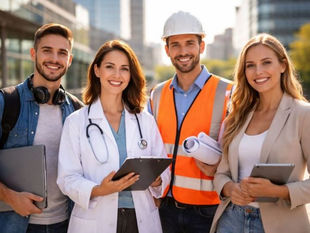 Grupo de quatro profissionais sorridentes de diferentes áreas: um jovem de tecnologia com notebook, uma médica, um engenheiro e uma executiva de negócios. Imagem ilustrando o impacto da inteligência artificial no mercado de trabalho e a adaptação de diferentes gerações.