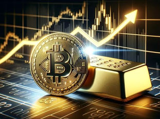 Moeda física de Bitcoin dourada ao lado de uma barra de ouro, com um gráfico financeiro de alta iluminado ao fundo, representando oportunidade de investimento e valorização