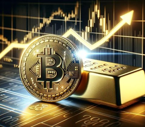 Moeda física de Bitcoin dourada ao lado de uma barra de ouro, com um gráfico financeiro de alta iluminado ao fundo, representando oportunidade de investimento e valorização