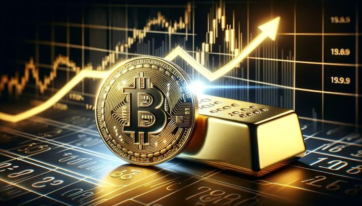 Moeda física de Bitcoin dourada ao lado de uma barra de ouro, com um gráfico financeiro de alta iluminado ao fundo, representando oportunidade de investimento e valorização