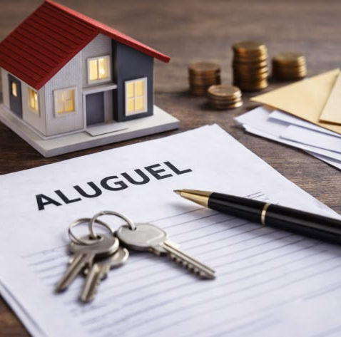 Contrato com a palavra ALUGUEL, chaves e uma miniatura de casa sobre a mesa, representando o conceito de imóveis digitais e senhorio digital.