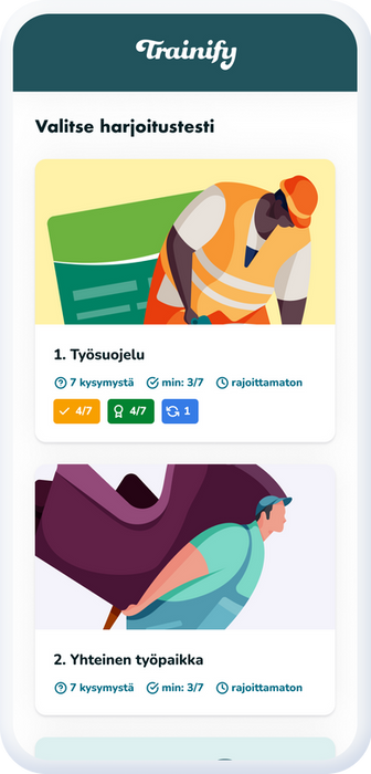 Trainify sovelluksen kuvakaappaus: harjoitus testit