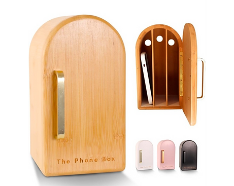 The Phone Box bamboo organizer, open with phone & colors