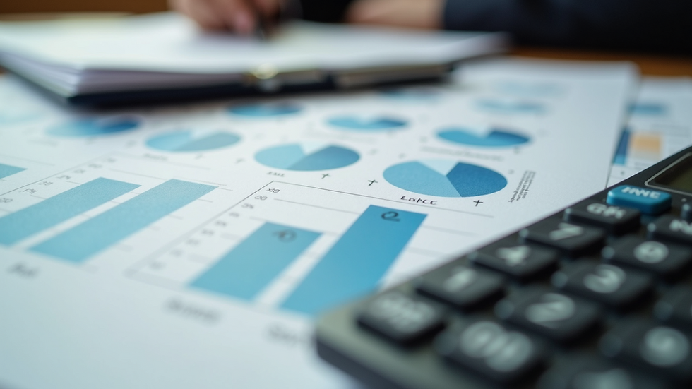 Close-up view of a desk with organized financial documents and a calculator