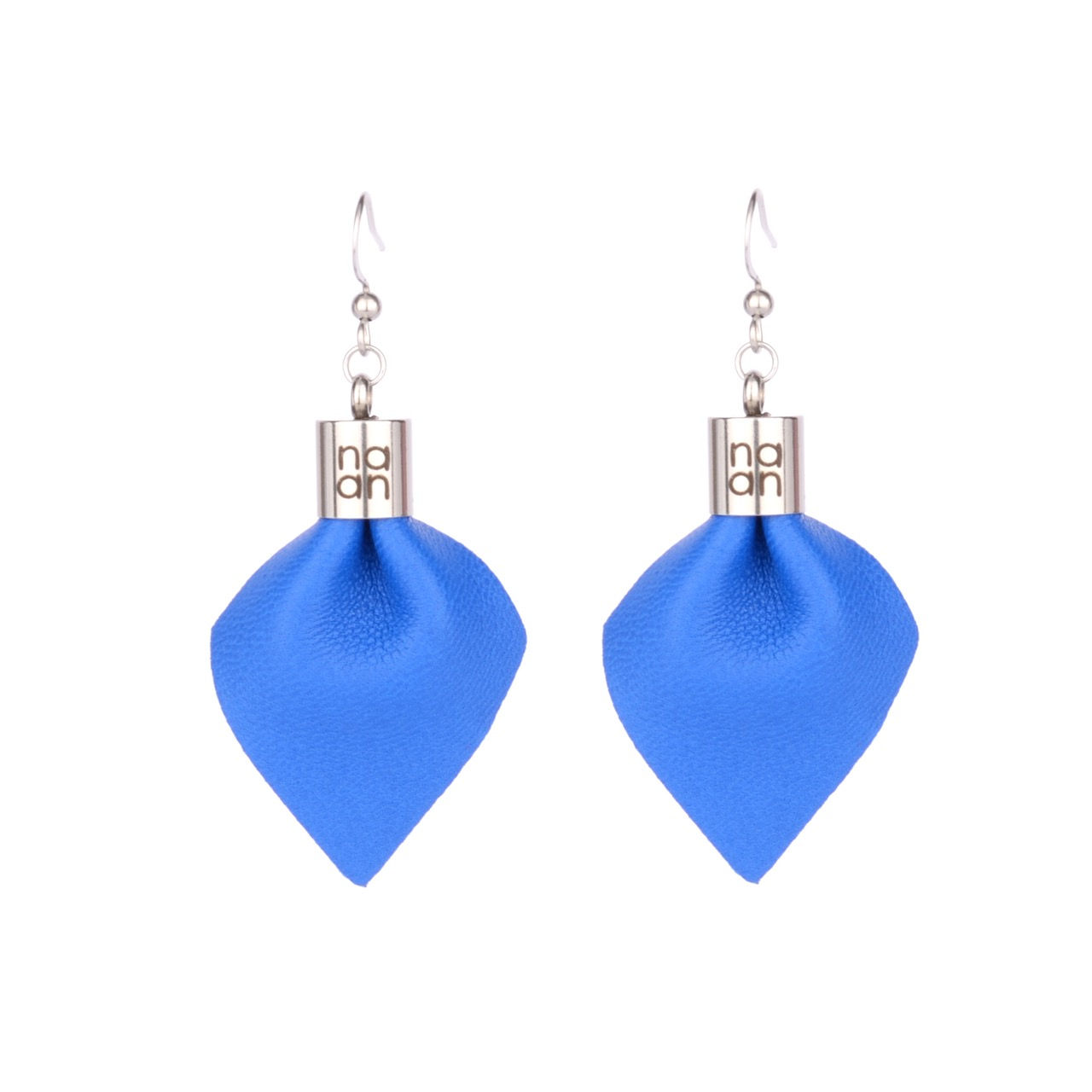 PLUME Mini designer earrings made from recycled Italian leather and stainless steel, displayed on white background