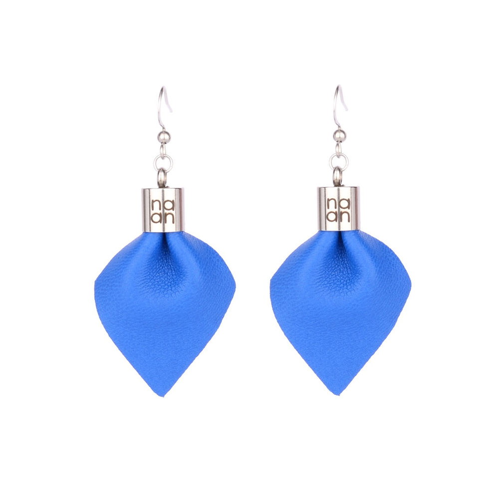 PLUME Mini designer earrings made from recycled Italian leather and stainless steel, displayed on white background