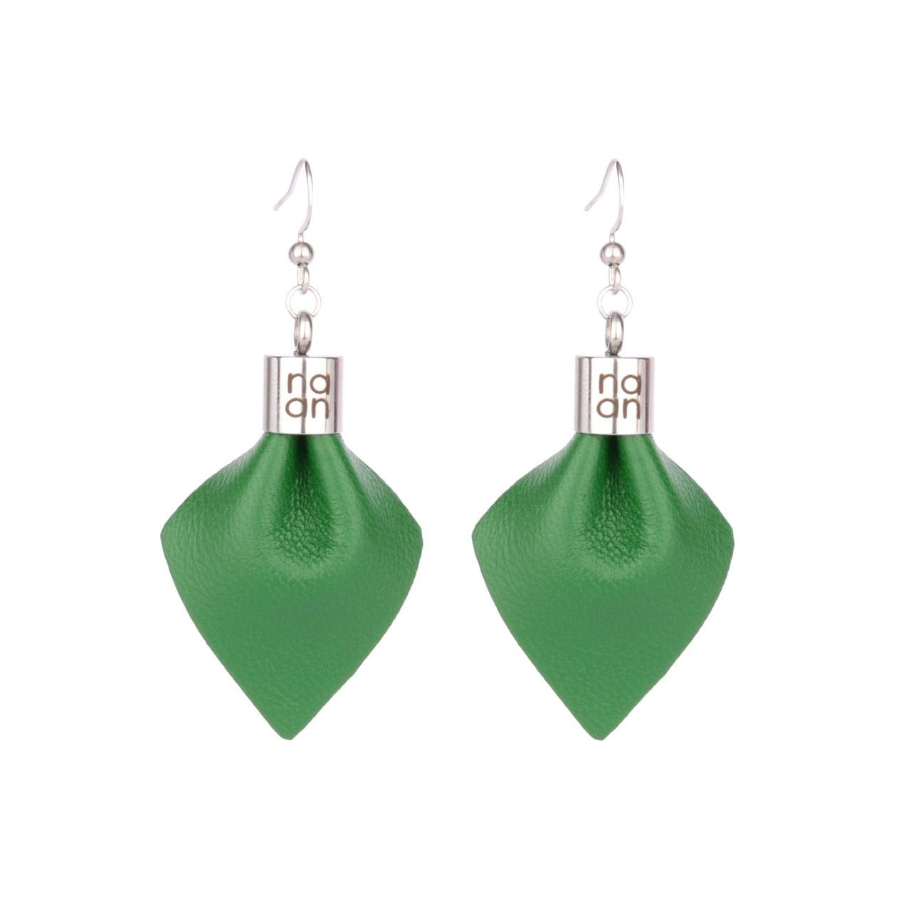 PLUME Mini designer earrings made from recycled Italian leather and stainless steel, displayed on white background