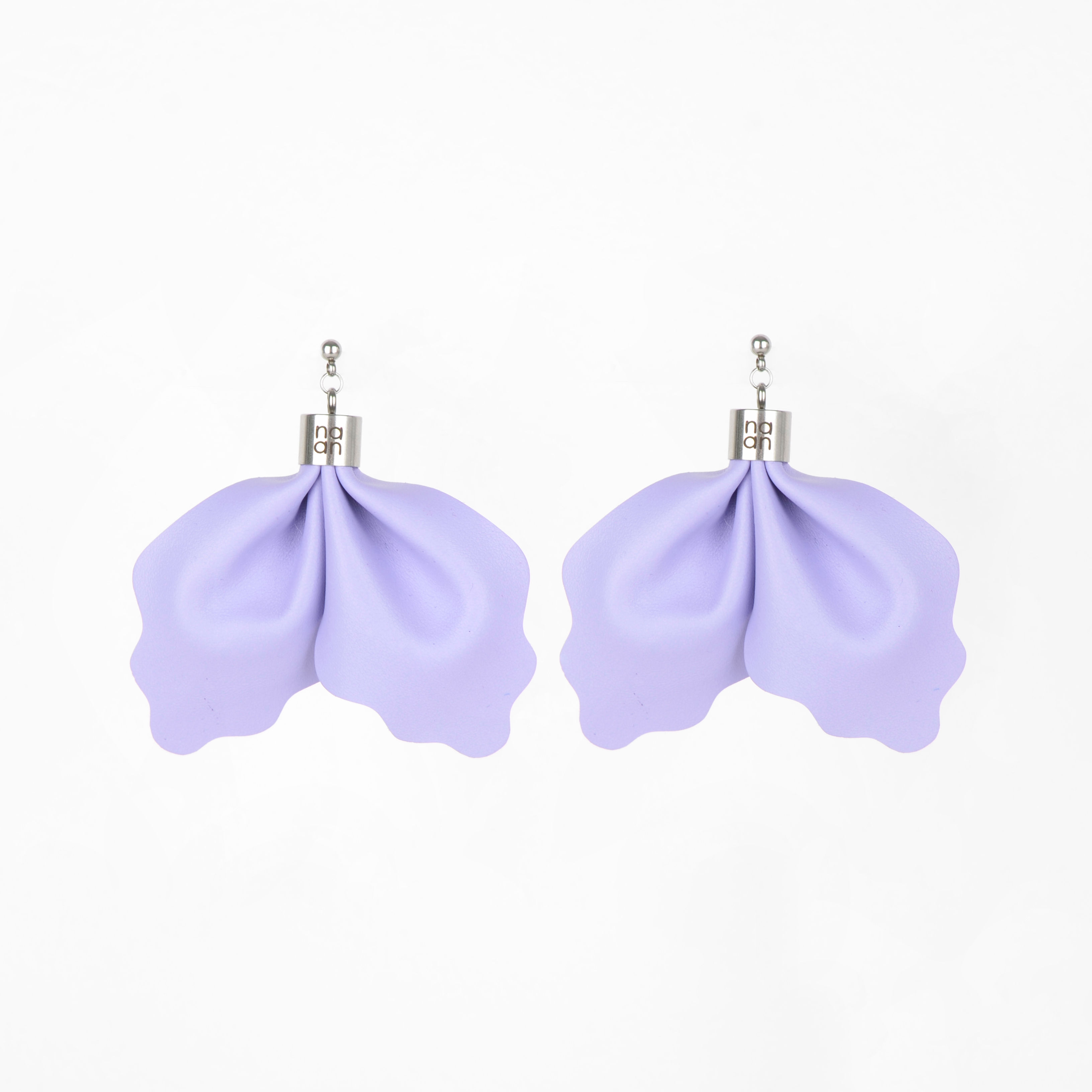 PLUME Orchid designer earrings made from recycled Italian leather and stainless steel, displayed on white background