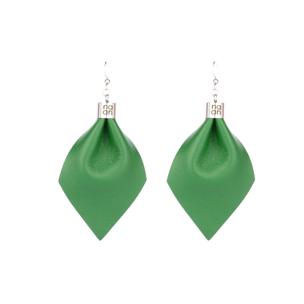 PLUME Basic designer earrings made from recycled Italian leather and stainless steel, displayed on white background