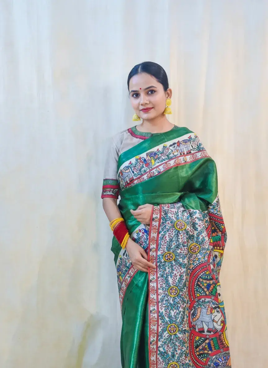 Thumbnail: Hand-Painted Green Madhubani Saree with Elephant, Lotus, Peacock