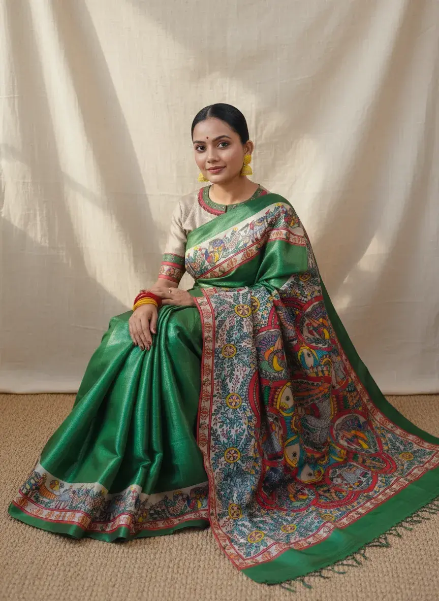 Thumbnail: Hand-Painted Green Madhubani Saree with Elephant, Lotus, Peacock