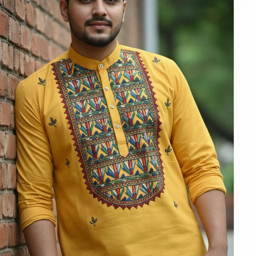 Hand-Painted Yellow Maithil Kurta with Geometric Festival Motifs