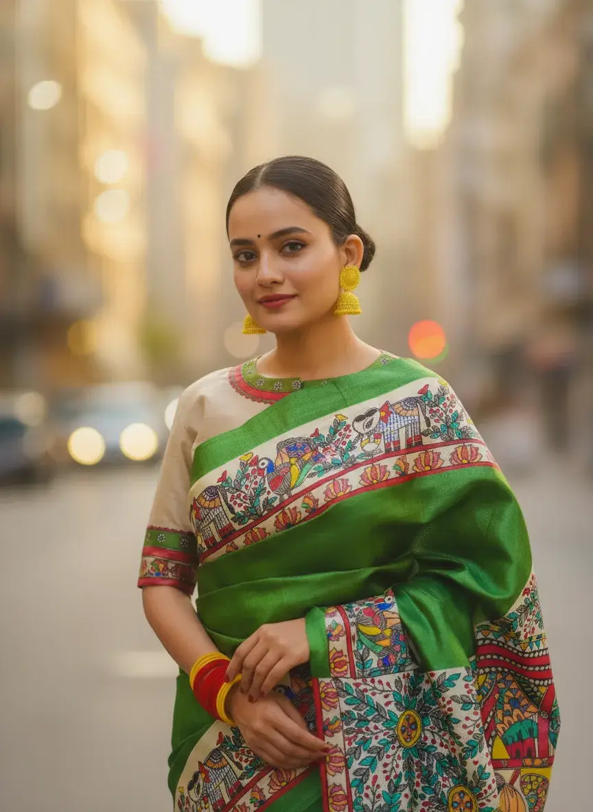 Thumbnail: Hand-Painted Green Madhubani Saree with Elephant, Lotus, Peacock