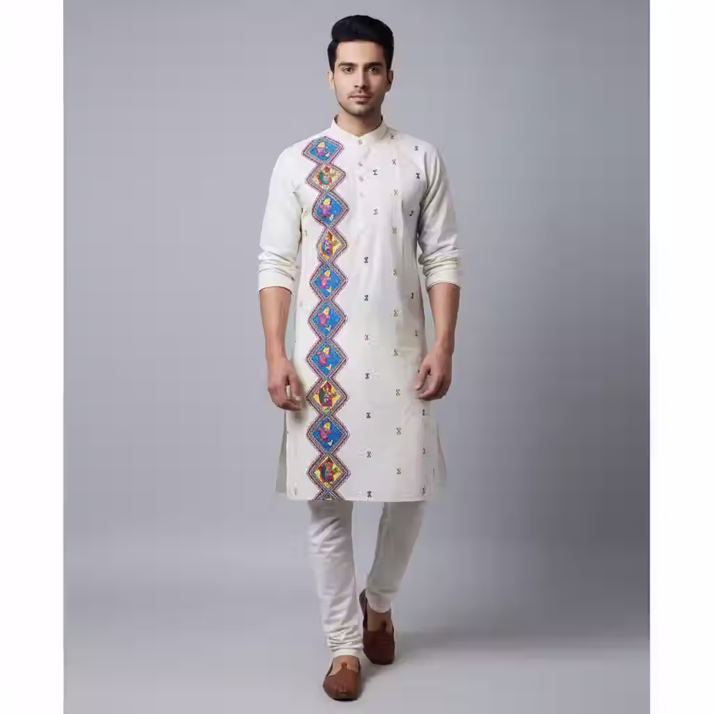 Hand-Painted Off-White Maithil Kurta with Bold Geometric Floral Embroidery