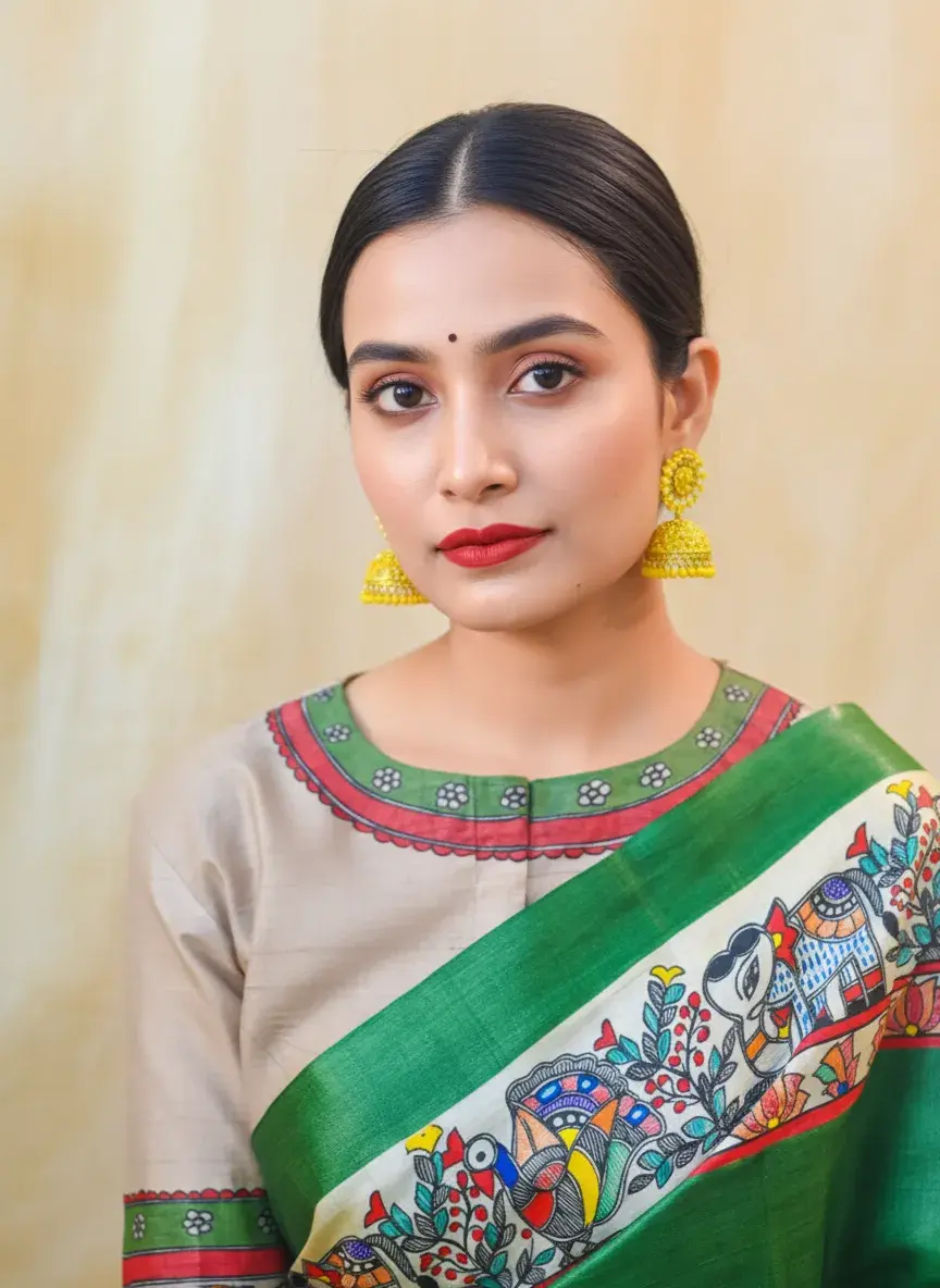 Thumbnail: Hand-Painted Green Madhubani Saree with Elephant, Lotus, Peacock