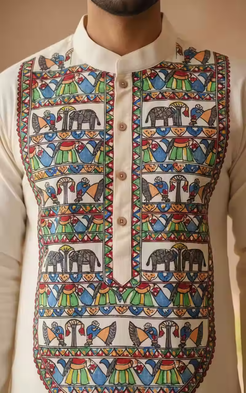 Thumbnail: Madhubani Art Kurta for Men with Royal Elephant & Festive Motifs