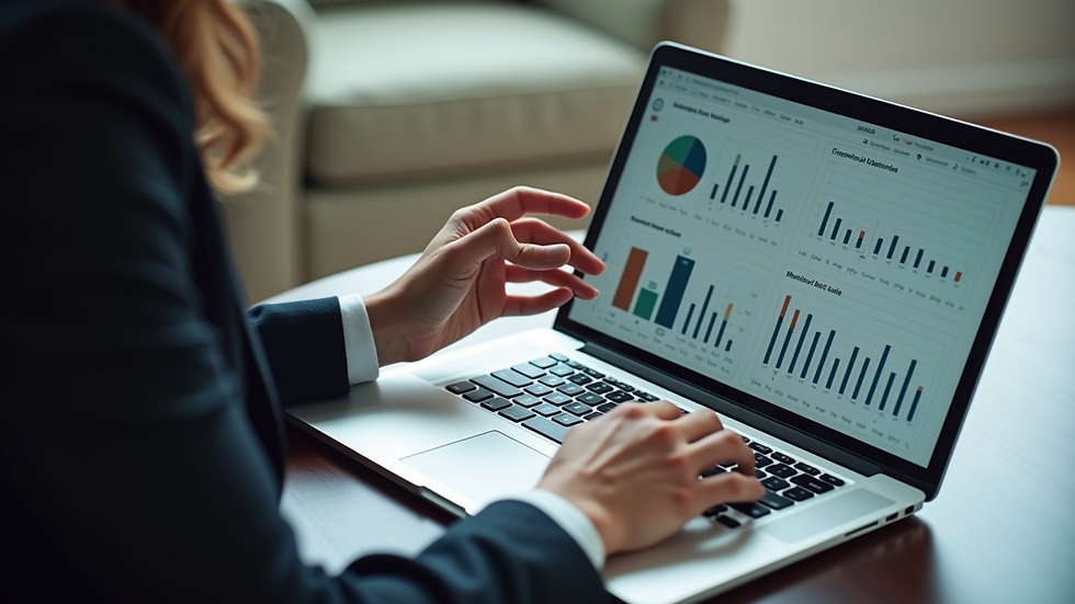 high angle view of a businesswoman analyzing financial charts on a laptop