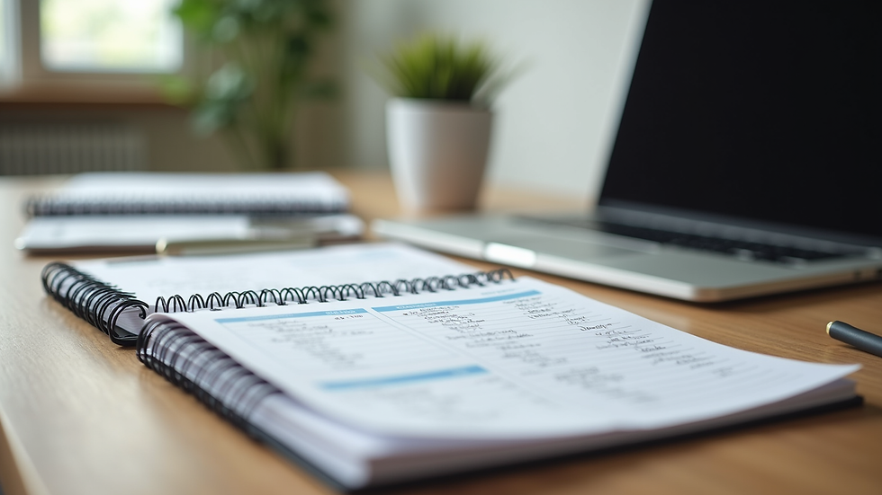 Weitwinkelaufnahme eines Schreibtisches mit Laptop und Notizblock, auf dem Finanzplanung notiert ist