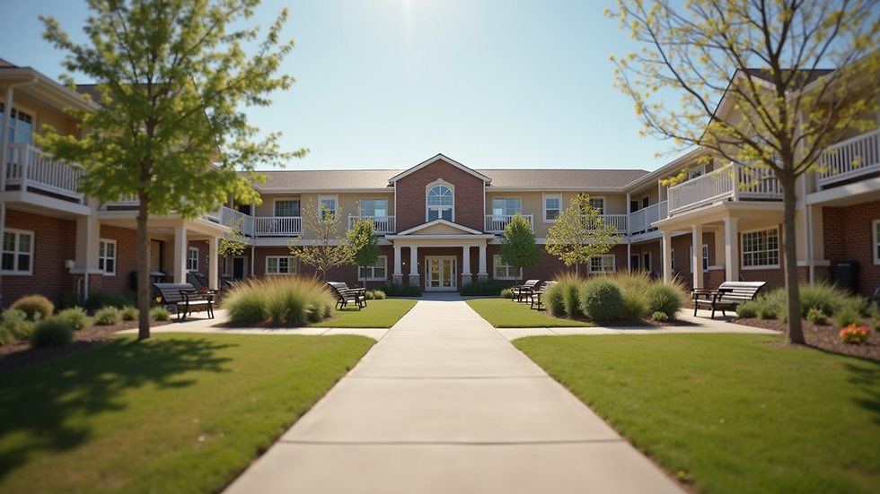 Eye-level view of a welcoming community housing complex for veterans