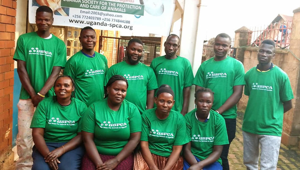 A group of nine people in green USPCA shirts pose for a photo in front of a USPCA banner at the animal shelter in Uganda. 