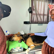 Two young women smiling with a brown and black dog asleep between them on a table in Namibia.