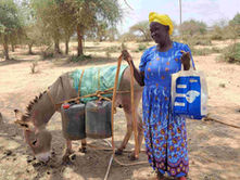 A woman is standing next to a donkey who is carrying two jugs and has a protective saddle on his back standing on very dry ground in Kenya. 