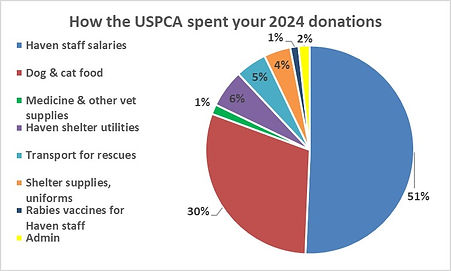 Pie chart showing that Uganda SPCA uses AKI funds mainly for shelter staff salaries and dog and cat food.