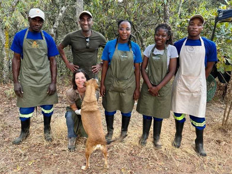 Staff at the animal rescue and protection organization in Zimbabwe with a rescued dog