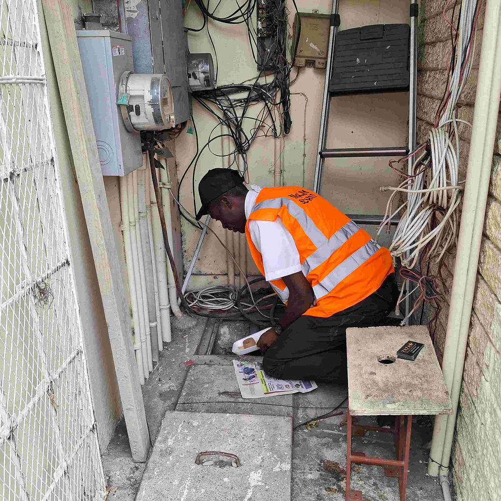 A man in an orange safety vest kneels among cables in a utility room with wires and a ladder in a utility closet in Kingston Jamaica.