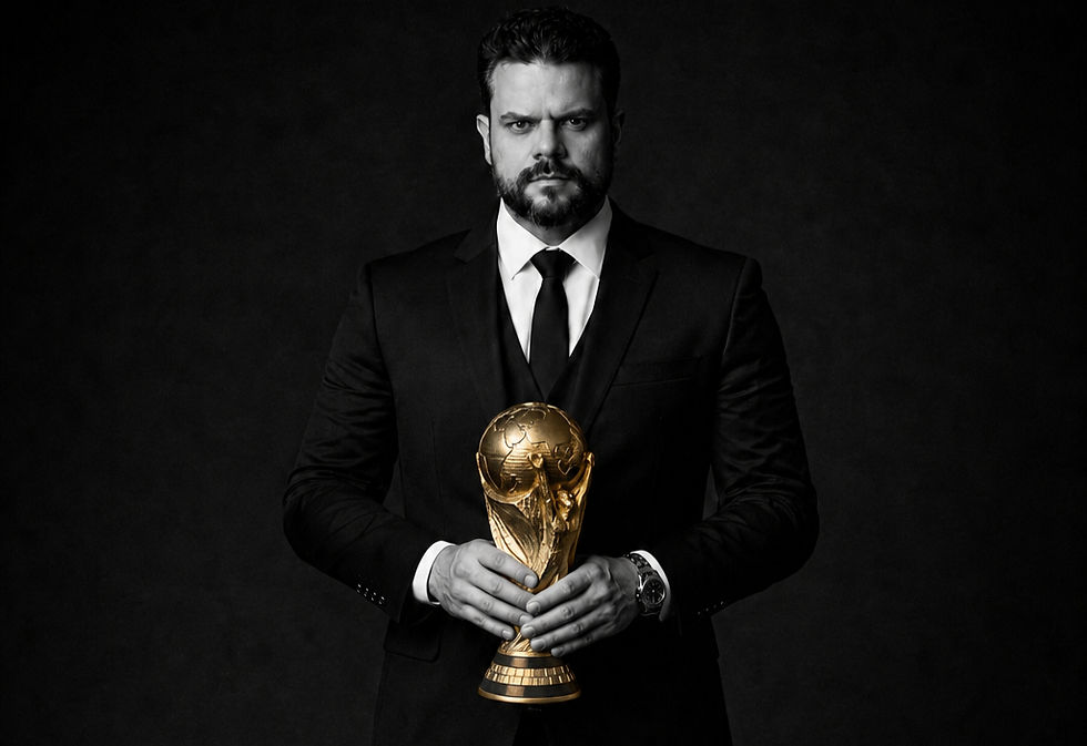 Imagem de Dr. Marco Antonio Muniz da Costa Junior, conhecido como "o advogado dos jogadores" especialista em Direito Desportivo e Direito do Futebol, sócio fundador do escritório Novaes & Costa Advocacia desportiva especializada em Futebol com a taça da copa do mundo da Fifa