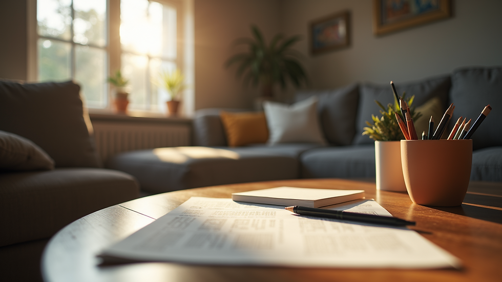 Eye-level view of a cozy living room with speech therapy materials scattered on a table