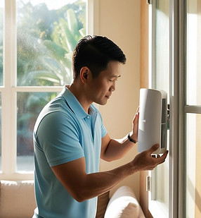 A Filipino man in his 40's is attaching a white wi-fi router to his living room window. He