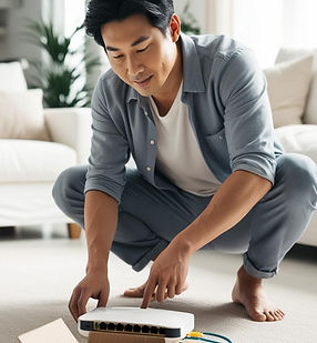 Image of an Asian man in his 30's in a house living room. There is an Wi fi internet route