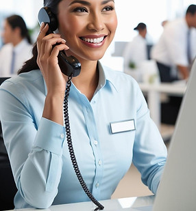 Latina woman in her 30's as customer service representative. She is on the phone helping a