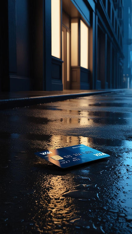 A credit card laying on the floor of a street of an urban city it's night time. .jpg