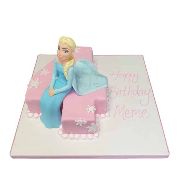 A beautifully decorated Elsa Frozen number 4 cake perfect for a birthday celebration, featuring intricate detailing and design.