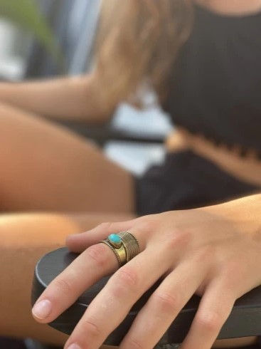 Thumbnail: Boho Adjustable Turquoise & Brass Ring