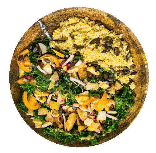 Kosher Mediterranean bowl with chickpeas, fresh vegetables, olives, figs, flatbread, and y
