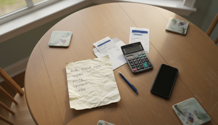 Overhead view of a grocery list and household bills beside a calculator.