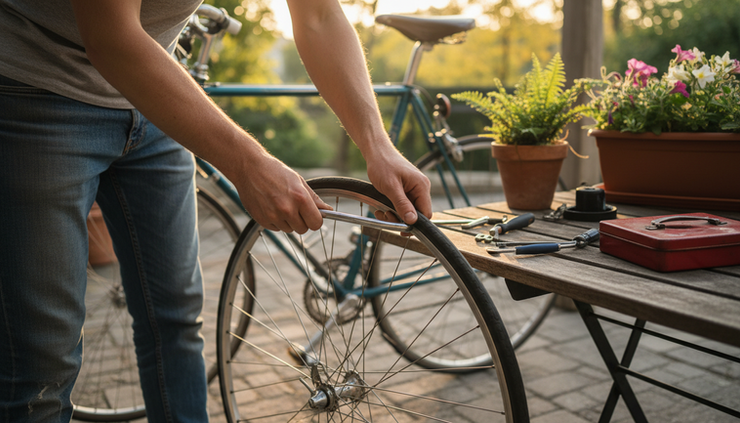 Close-up view of hands repairing a bicycle wheel for paid local service work.