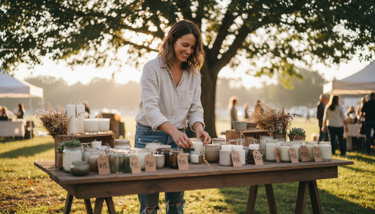 Wide-angle view of a person arranging handmade candles at a weekend market stall.