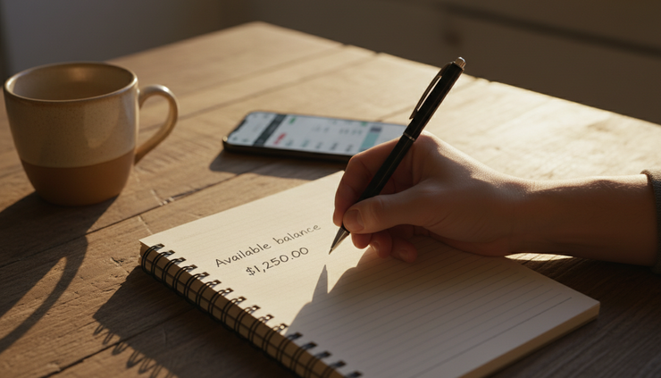 Close-up view of a hand writing a true available balance in a notebook.